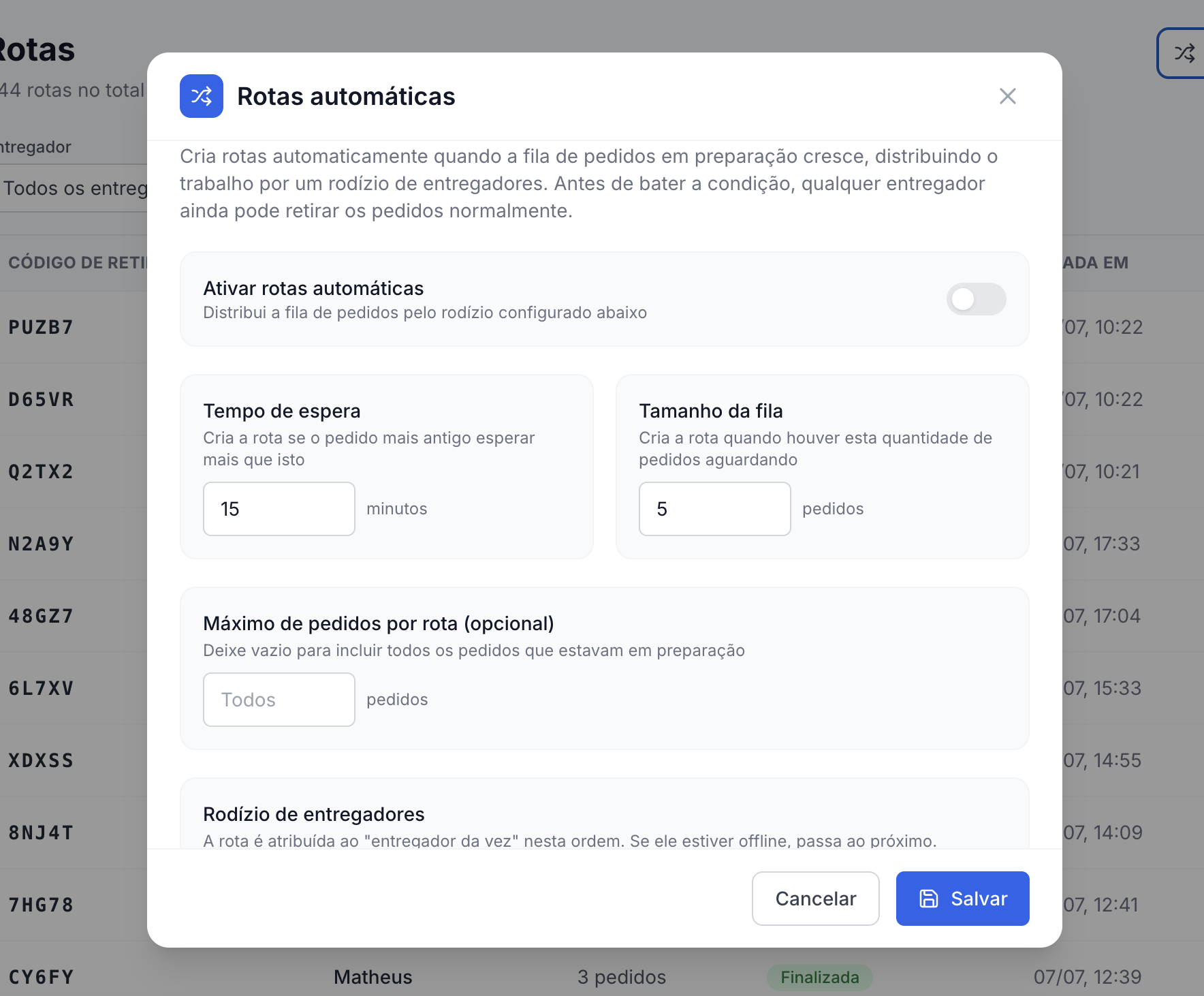 Pantalla de configuración de las rutas automáticas: rotación de repartidores, tiempo de espera y tamaño de la cola