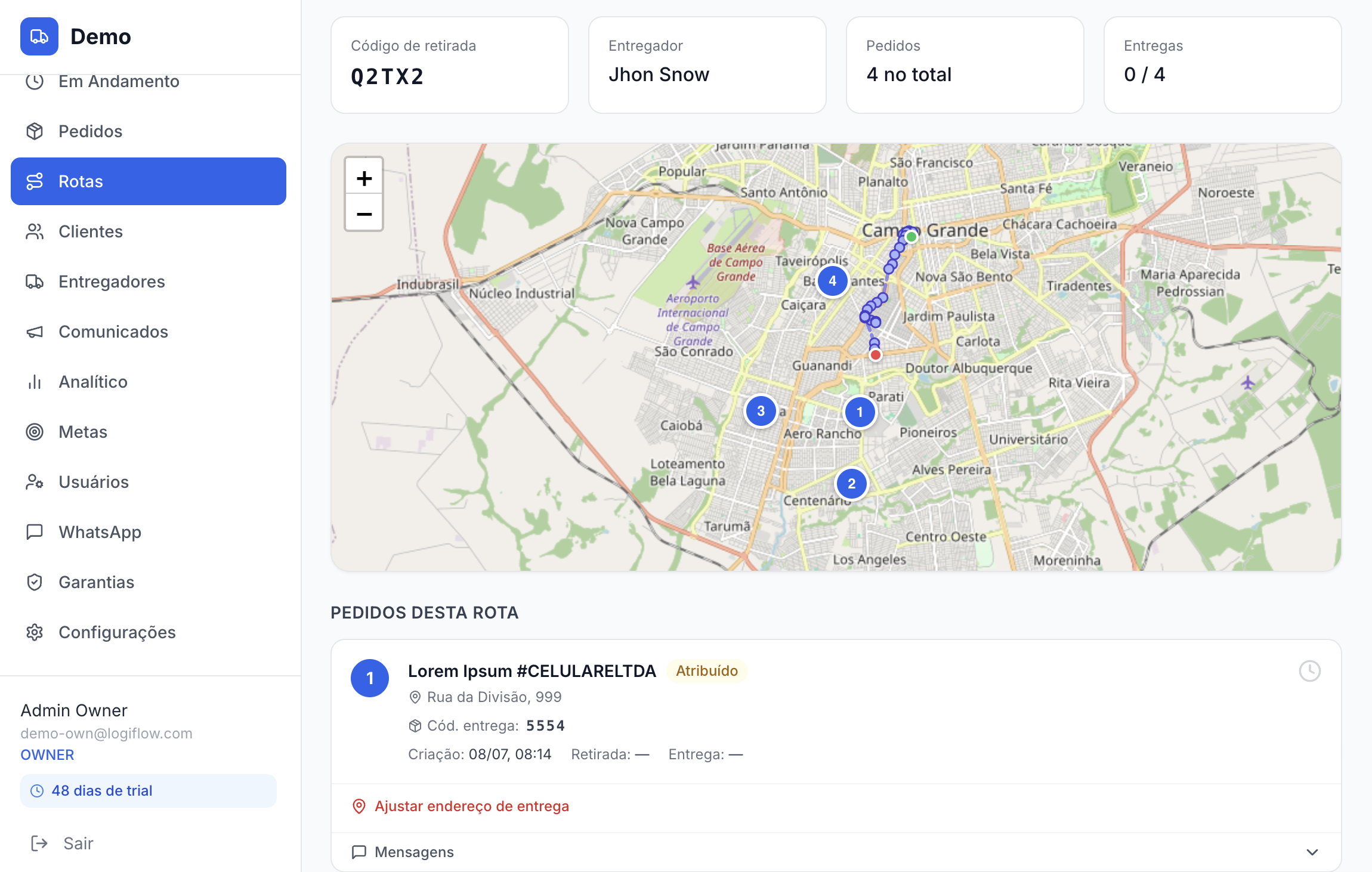 Detalles de una ruta en el panel: mapa con las paradas numeradas, repartidor asignado y lista de pedidos
